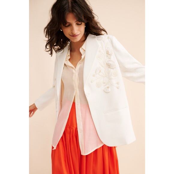 Anthropologie x Pankaj and Nidhi Blazer Floral Embroidered Freya White XS - Picture 1 of 13